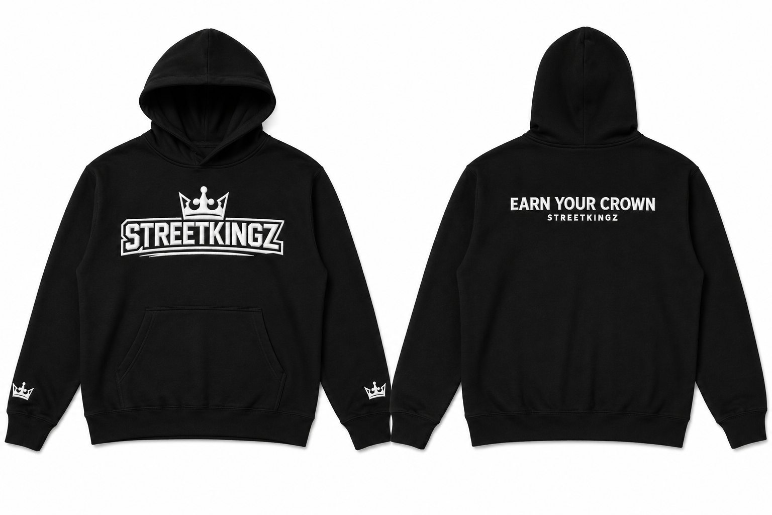 StreetKingz Hoodie — Black / White Embroidery