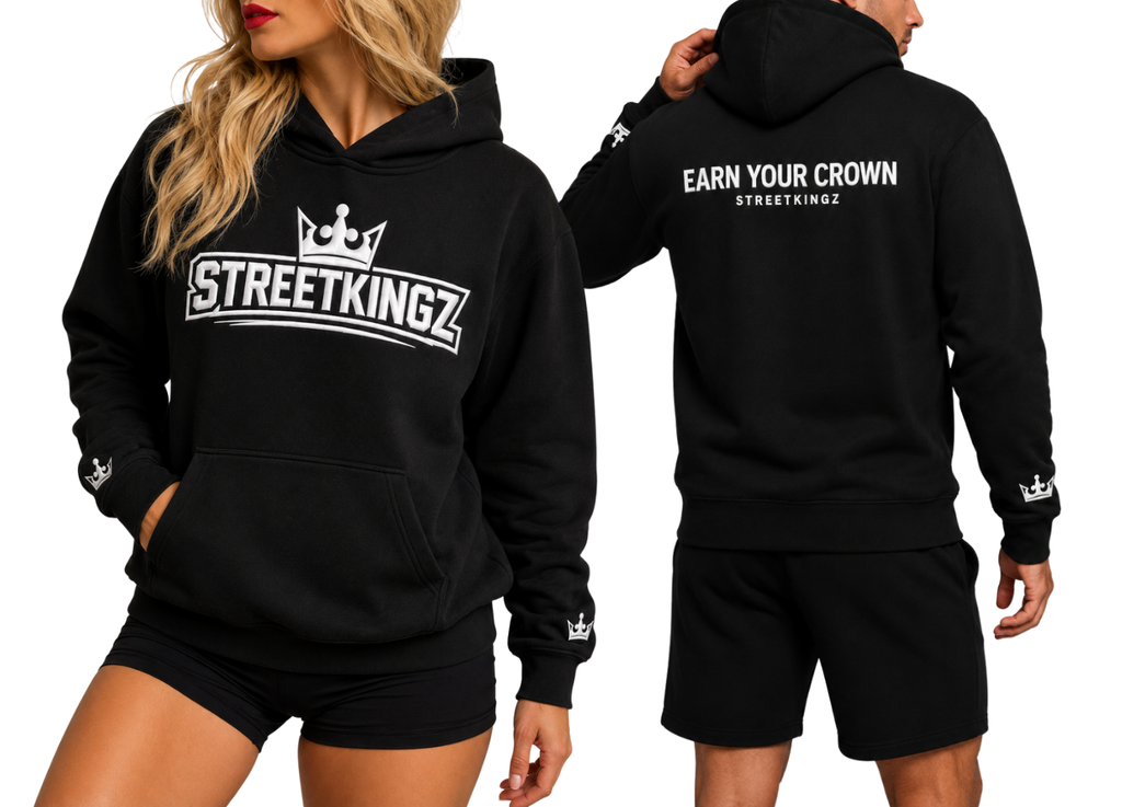 StreetKingz Hoodie — Black / White Embroidery
