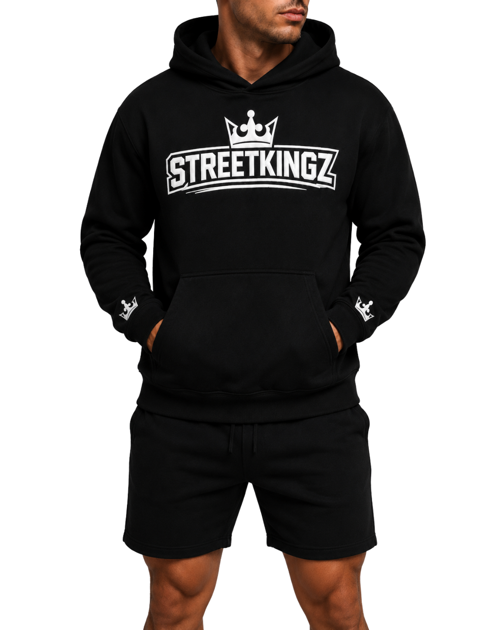 StreetKingz Hoodie — Black / White Embroidery