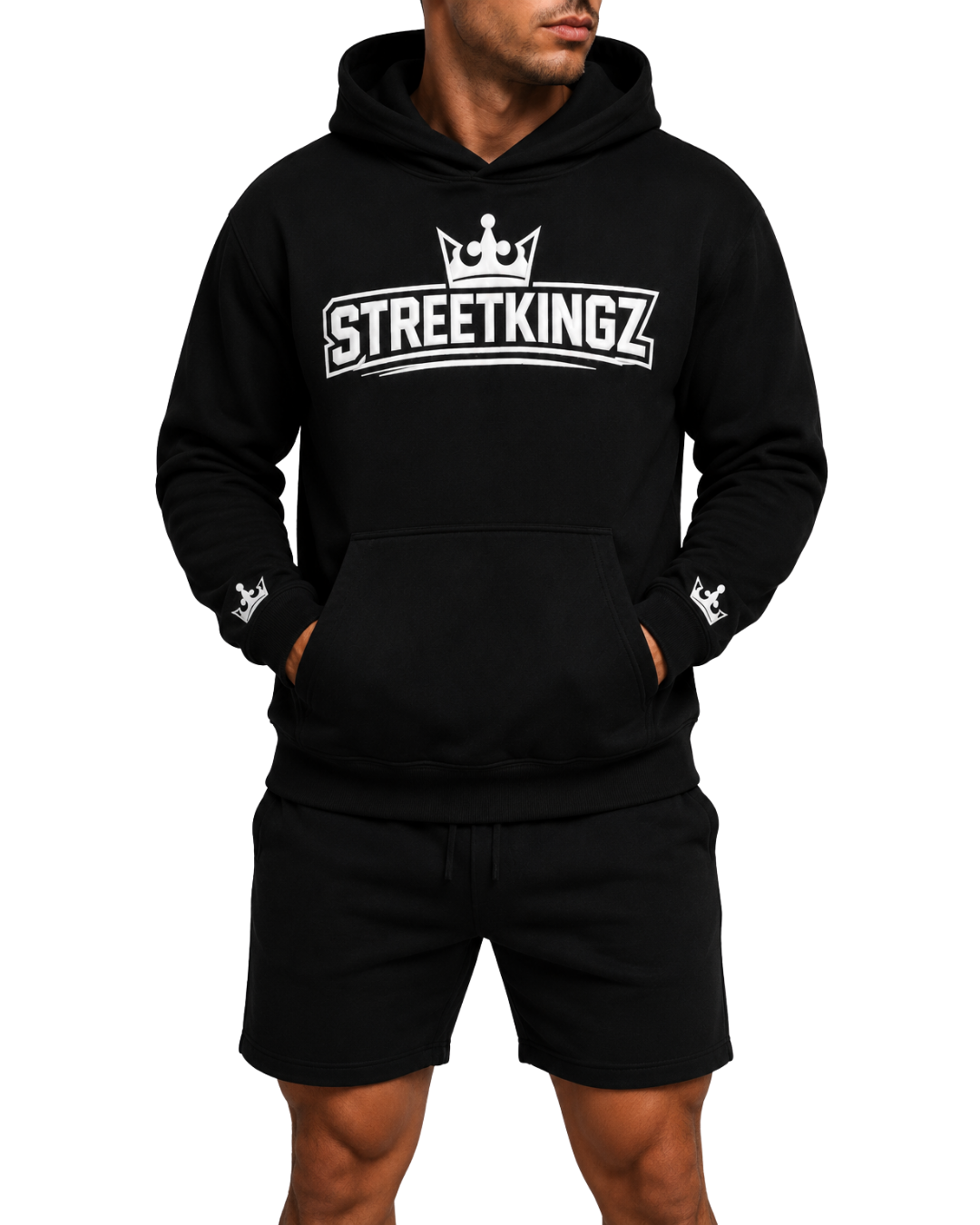 StreetKingz Hoodie — Black / White Embroidery