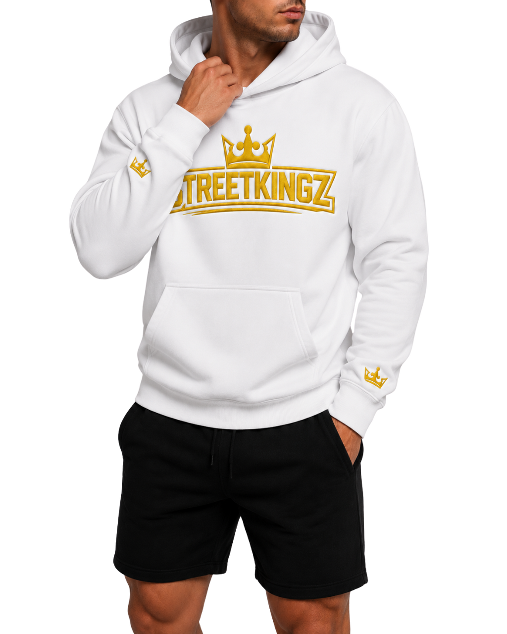 StreetKingz Hoodie — White / Gold Embroidery